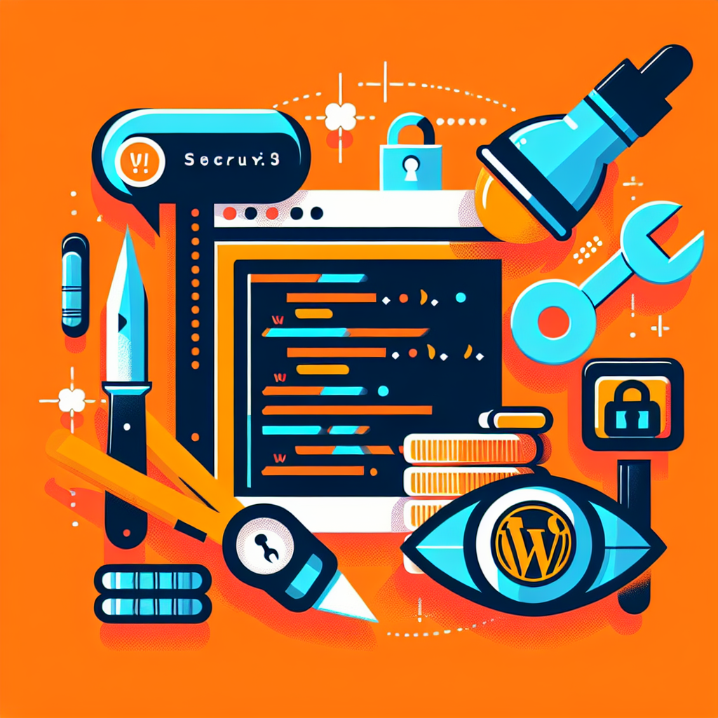Illustration de sécurité et réparation WordPress avec code, cadenas, outils, œil et logo WordPress