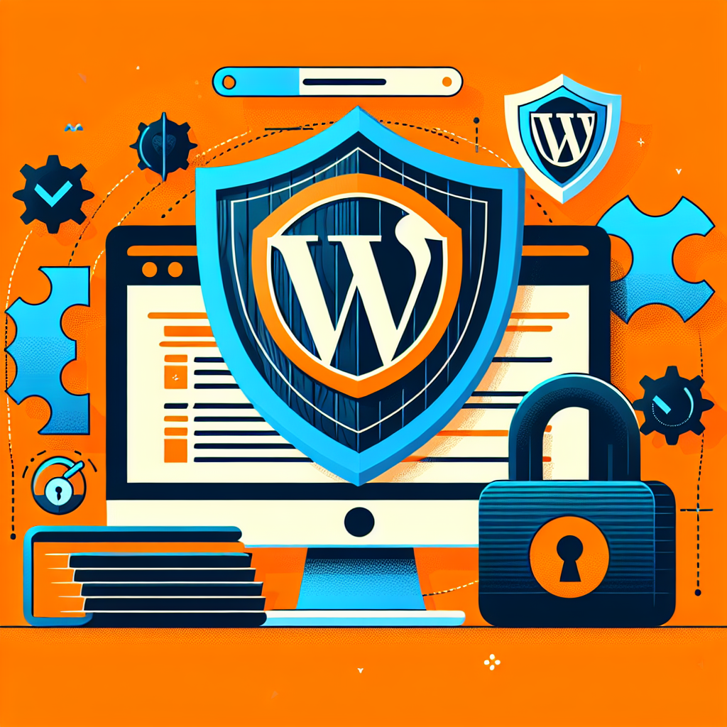 Écran d'ordinateur avec bouclier WordPress, cadenas, engrenages et icônes de sécurité sur fond orange
