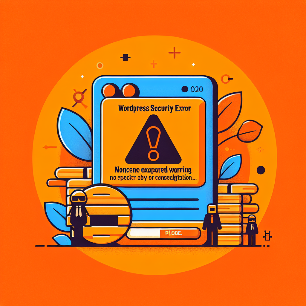 Fenêtre d'erreur WordPress « Nonce expired » avec icône d'avertissement et personnages stylisés