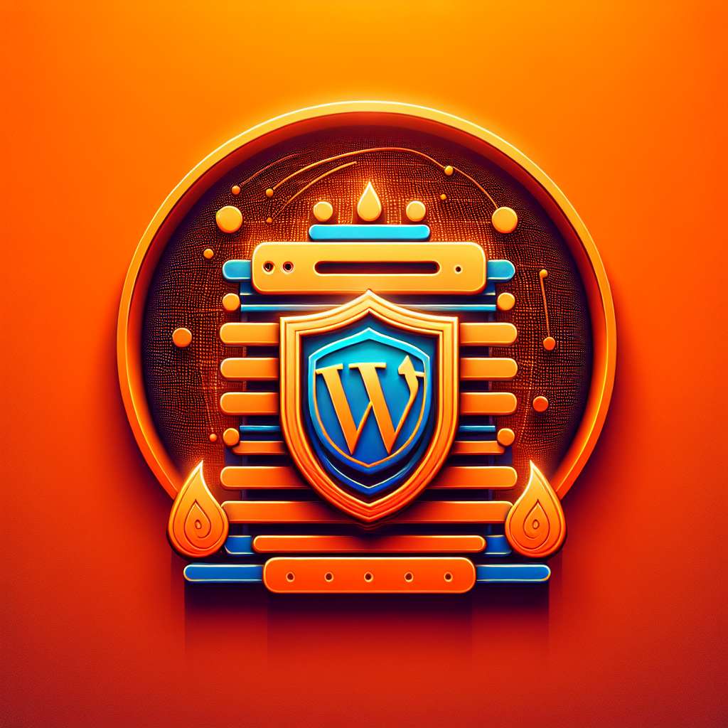 Logo WordPress sécurisé avec bouclier bleu et orange, sur fond orange vif