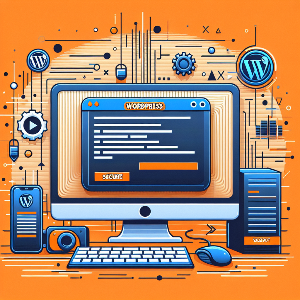 Écran d'ordinateur affichant une interface WordPress sécurisée, avec des icônes de sécurité et de réparation autour