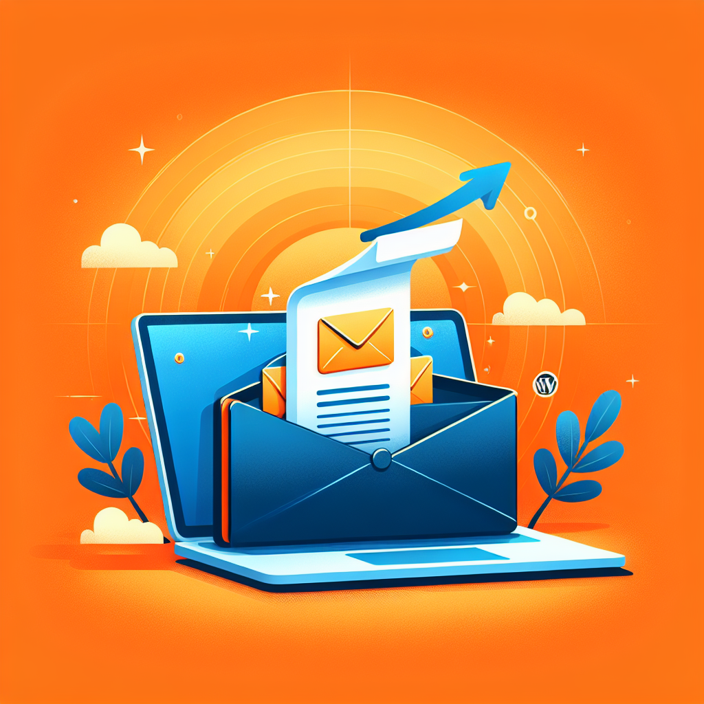 Un ordinateur portable avec une enveloppe ouverte d'où sortent des emails et une flèche montante, logo WordPress