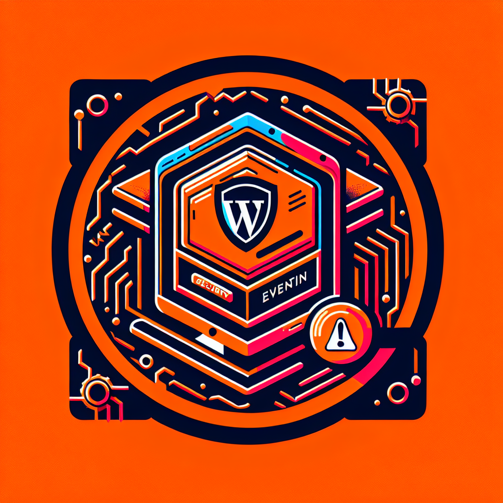 Logo Eventin WordPress avec bouclier, puce électronique et panneau d'avertissement sur fond orange