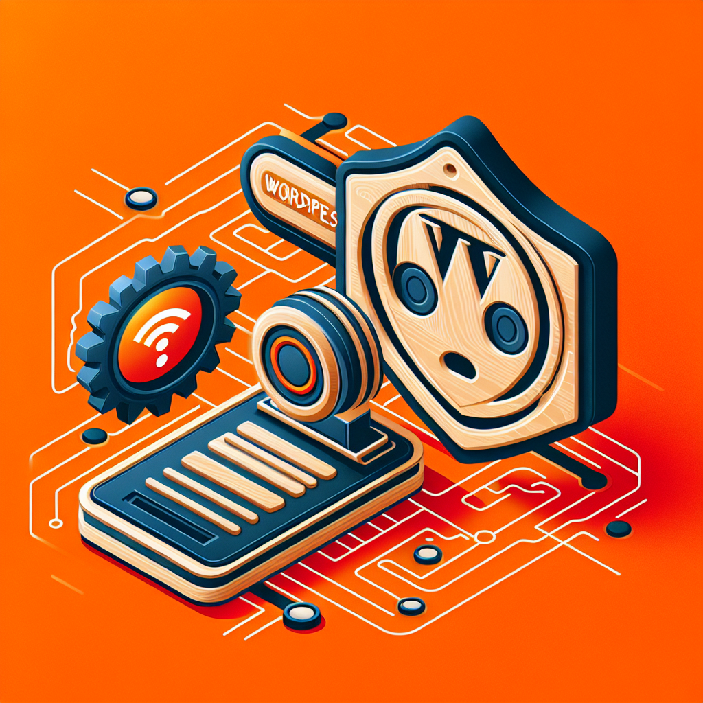 Un bouclier WordPress en bois, un engrenage WiFi et un document sur un circuit imprimé orange
