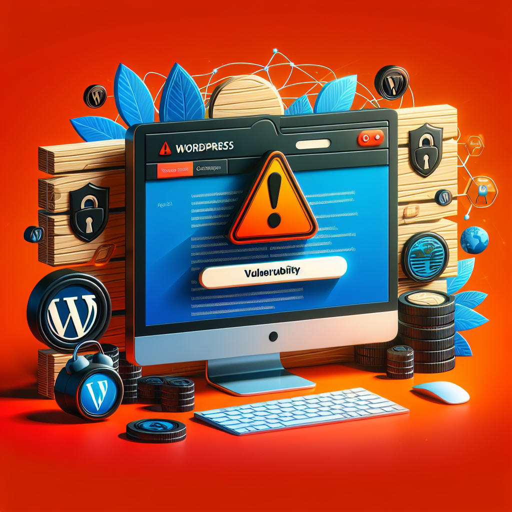 Écran d'ordinateur affichant une alerte de vulnérabilité WordPress, entouré d'éléments de sécurité et de logos WordPress