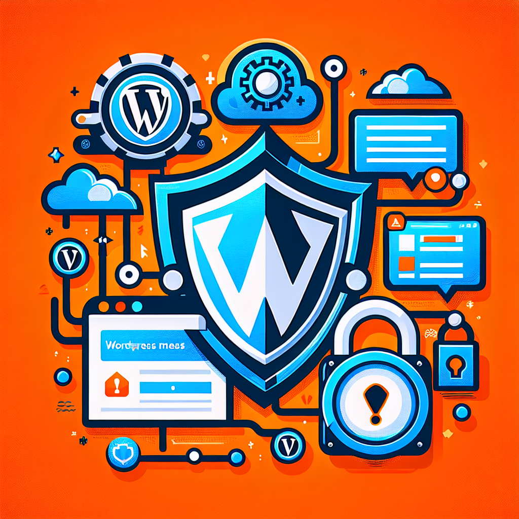 Bouclier WordPress, cadenas, nuages et icônes de sécurité sur fond orange, symbolisant la protection et la réparation