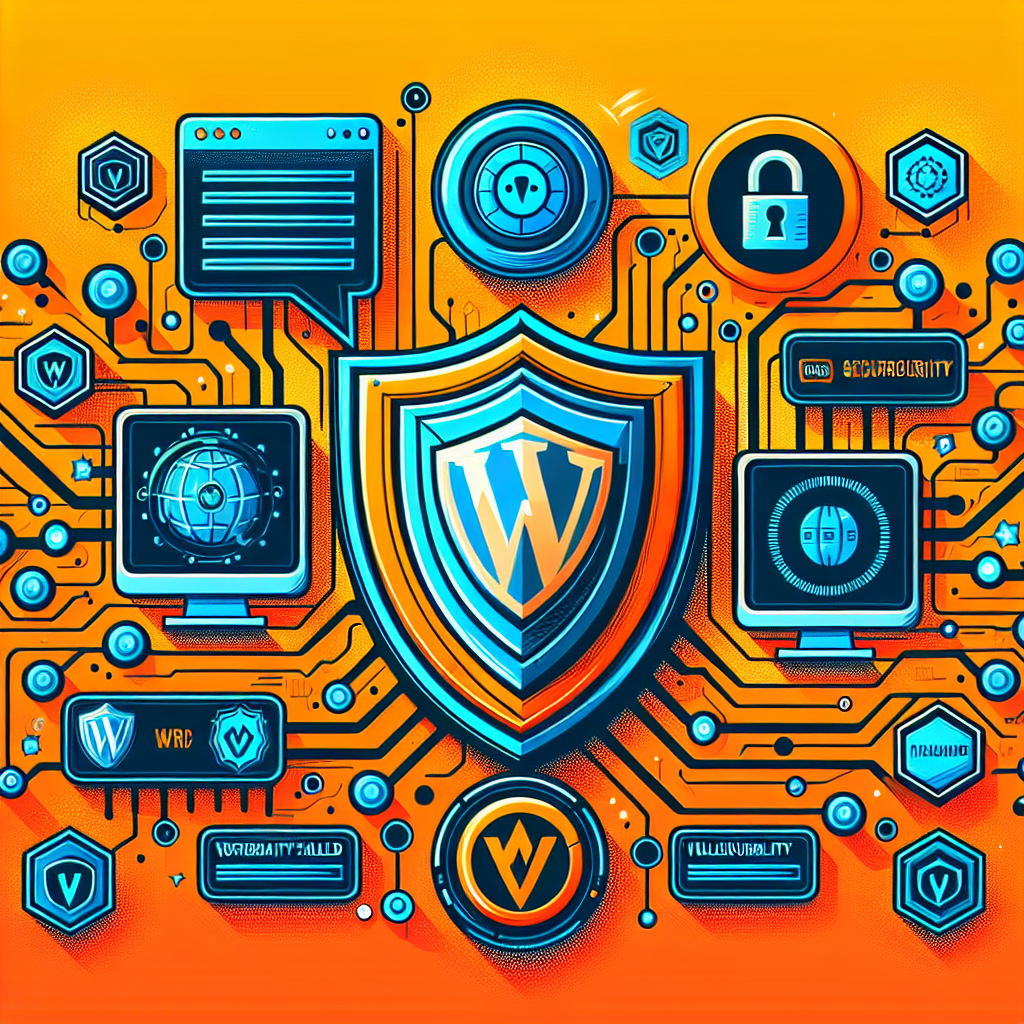 Bouclier WordPress central, icônes de sécurité, cadenas, écrans et circuits sur fond orange vif