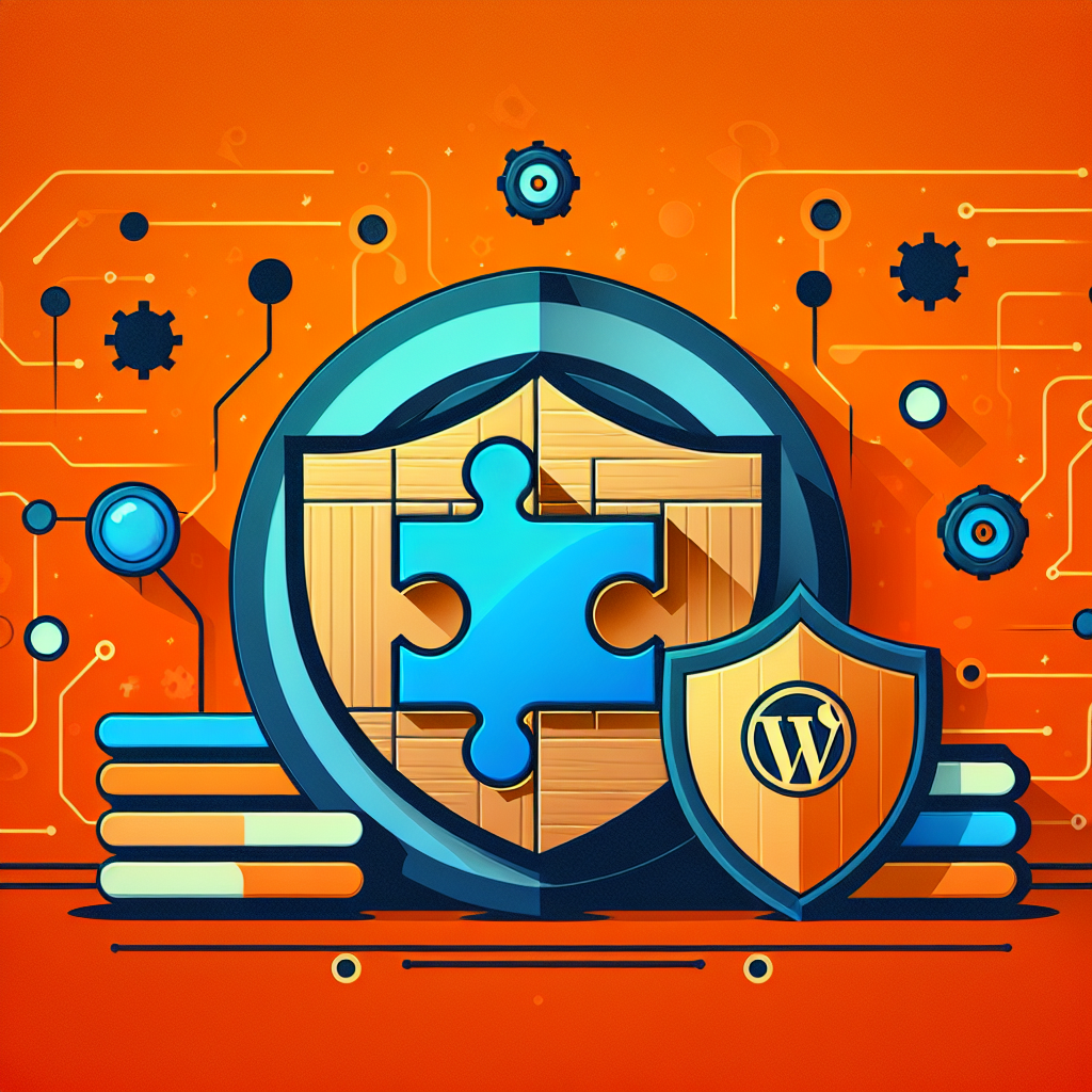 Boucliers de sécurité avec un puzzle et le logo WordPress, sur un fond de circuit imprimé orange, symbolisant la protection