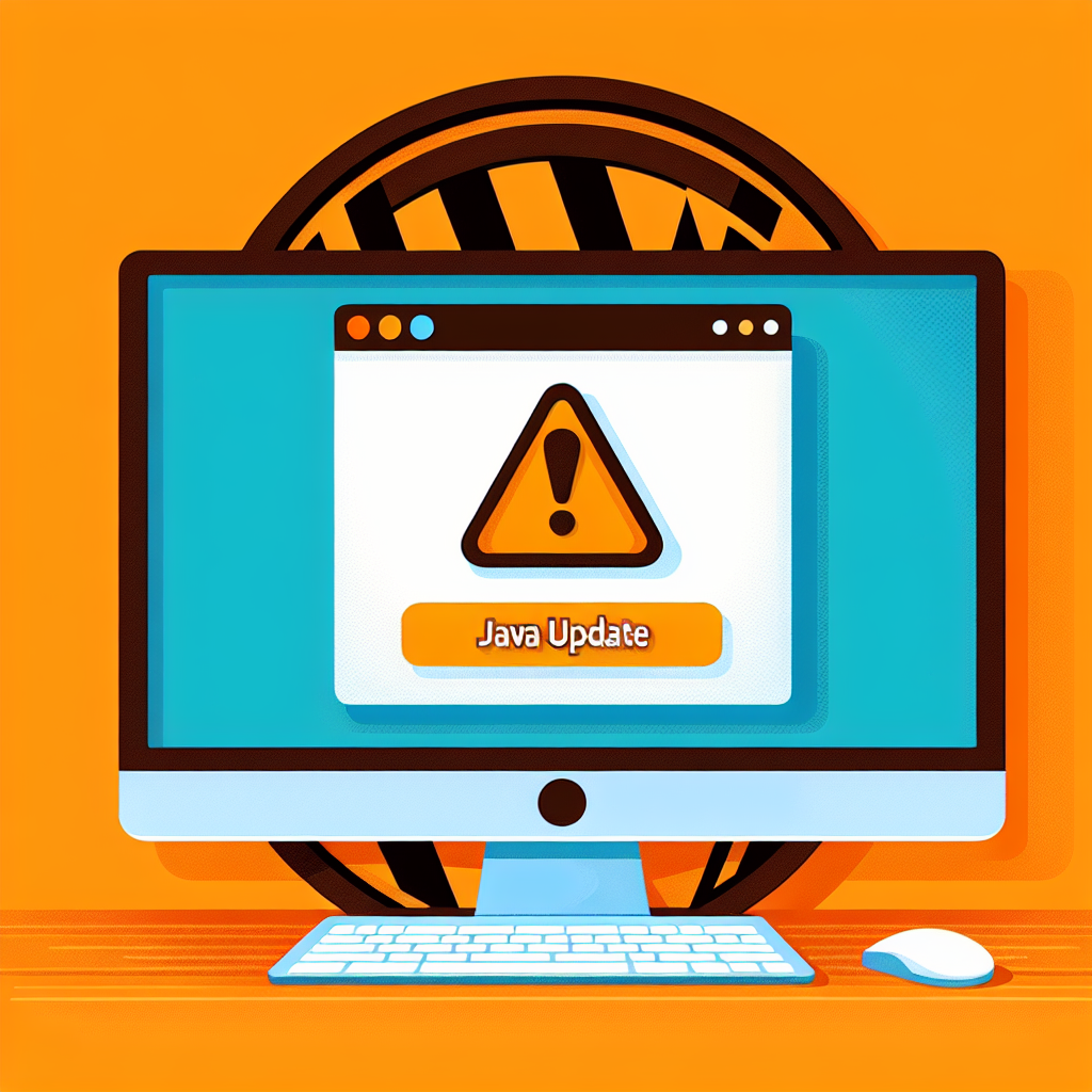 Écran d'ordinateur affichant un faux popup « Java Update » avec un panneau d'avertissement, sur fond orange et noir