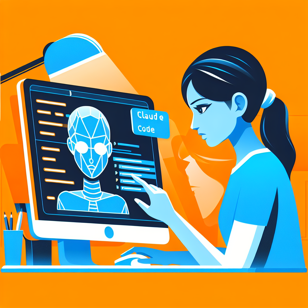 Femme en bleu travaillant sur un ordinateur, écran affichant un visage géométrique et « Claude code », fond orange vif