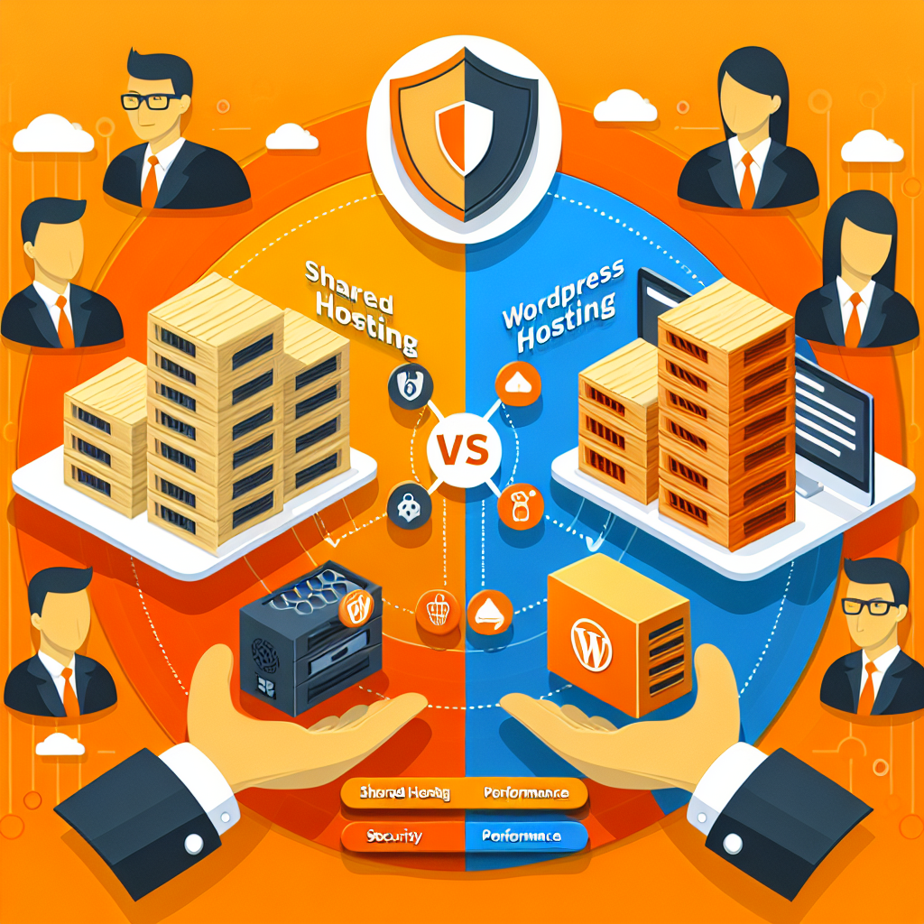 Infographie comparant l'hébergement mutualisé et l'hébergement WordPress, avec des icônes de sécurité et de performance
