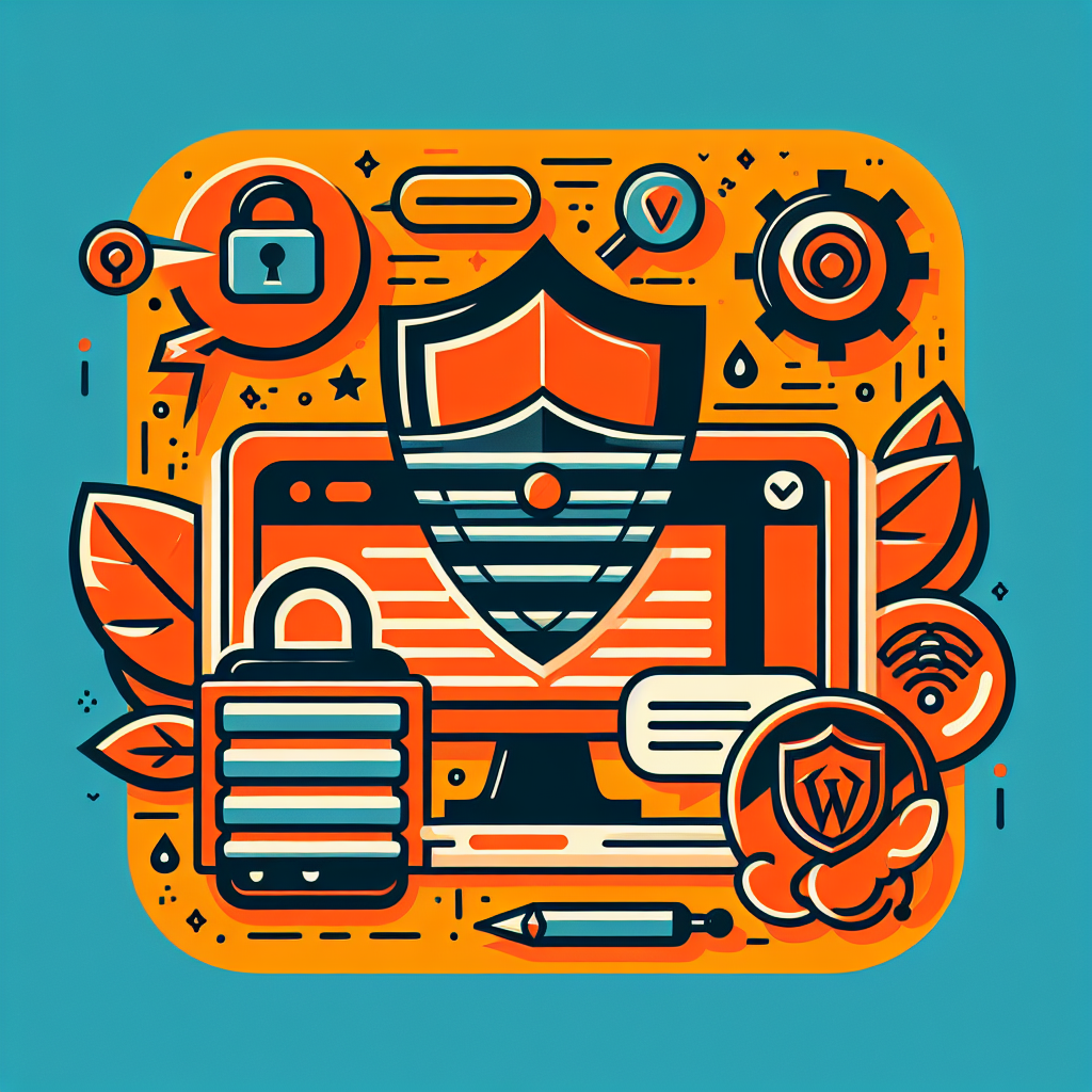 Illustration de la sécurité WordPress : bouclier, cadenas, écran d'ordinateur, icône WordPress et engrenage