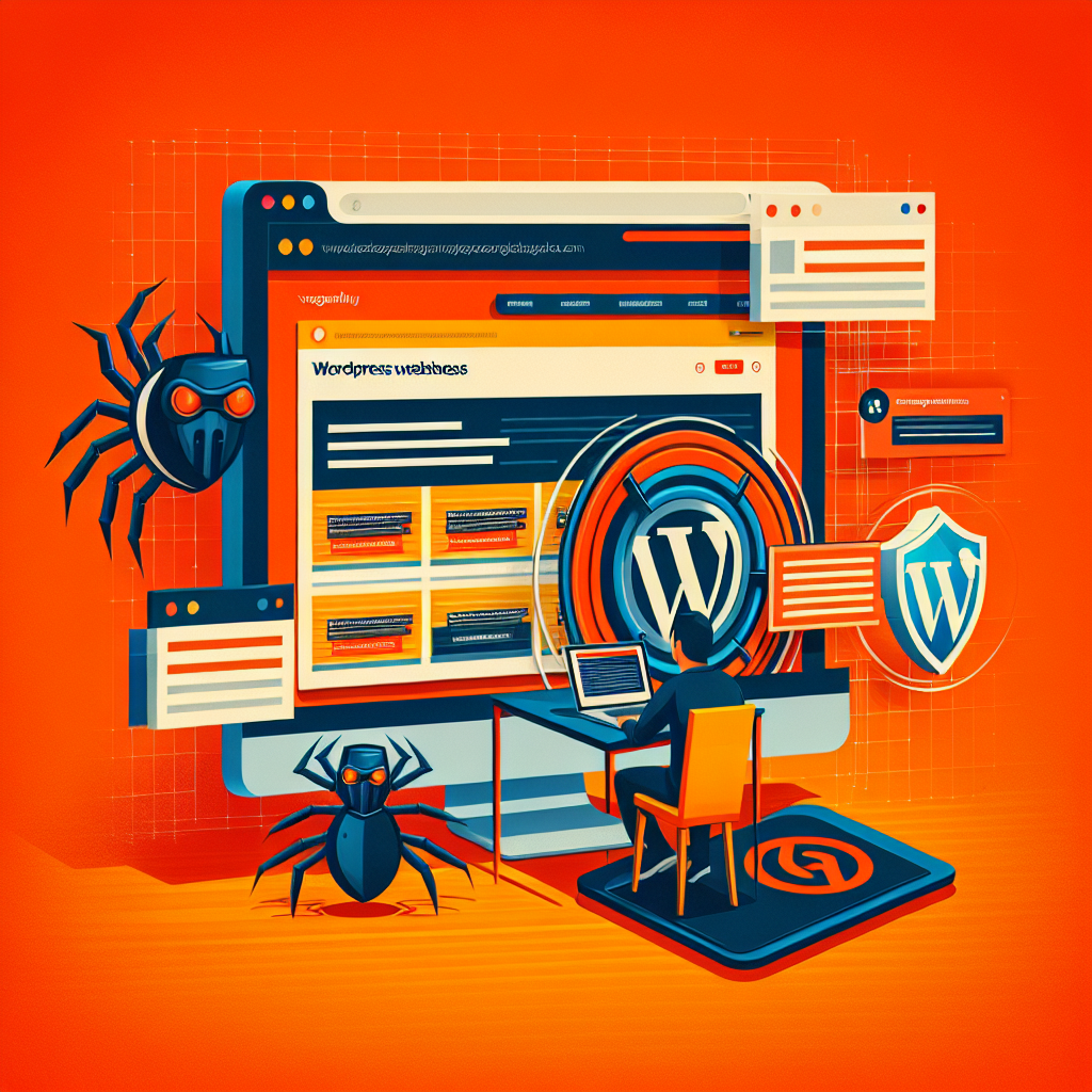Sécurité WordPress: un homme répare un site infecté par des araignées malveillantes, avec le logo WordPress et un bouclier