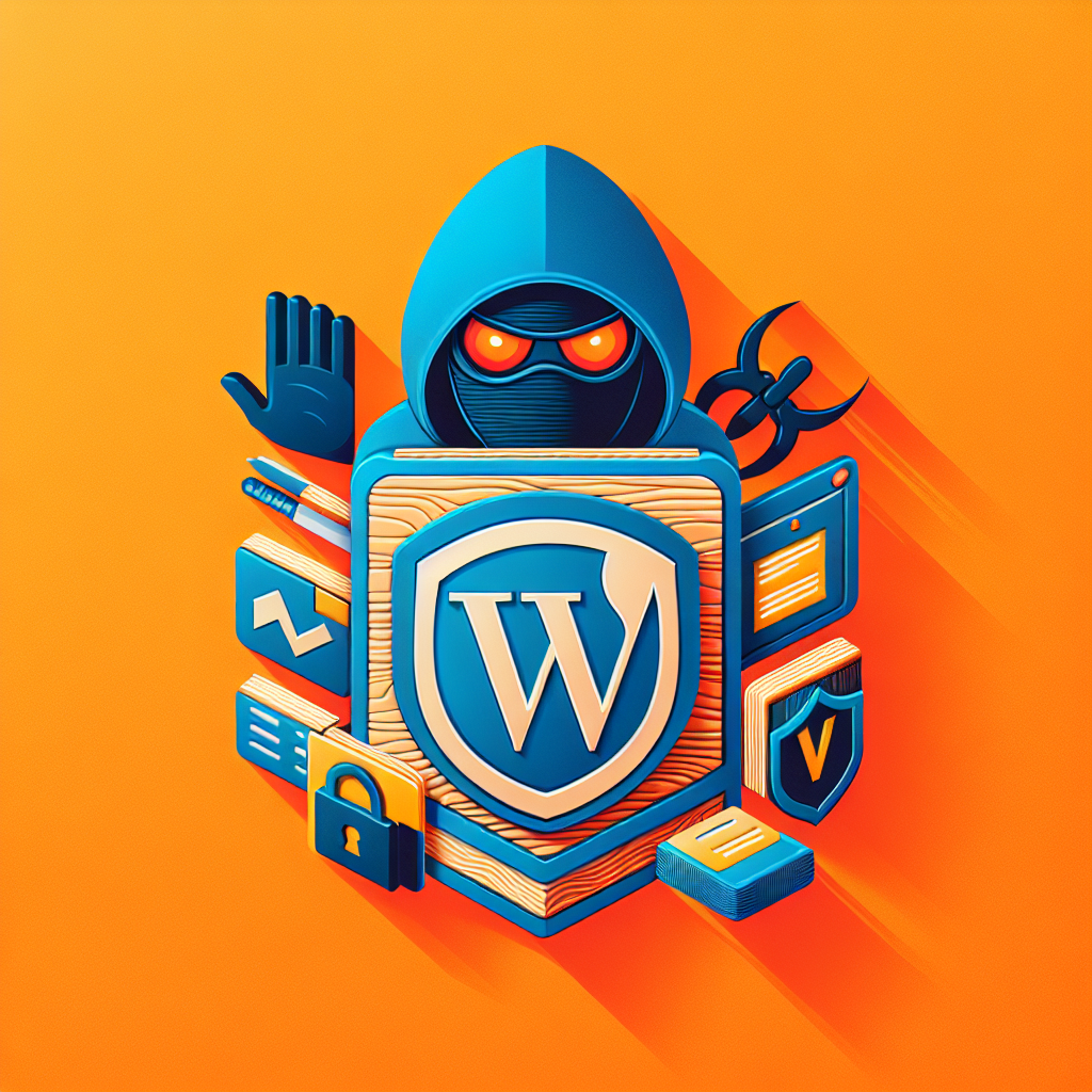 Un hacker en capuche bleue avec des yeux rouges derrière un bouclier WordPress, entouré d'icônes de sécurité et de code