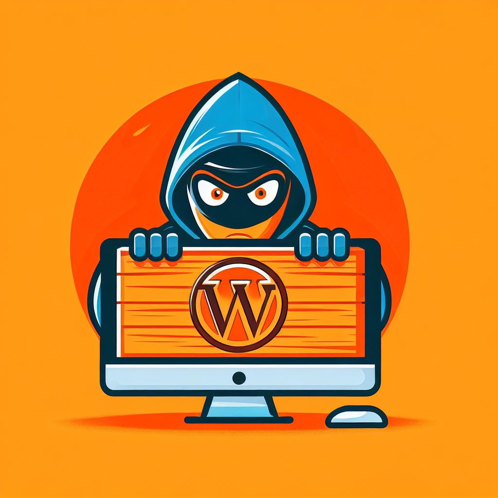 Un hacker masqué en sweat à capuche bleu derrière un écran d'ordinateur affichant le logo WordPress