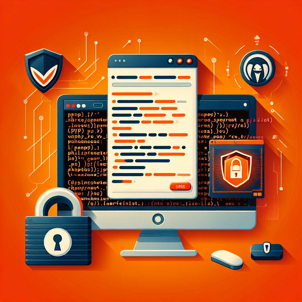 Écran d'ordinateur affichant du code, avec des icônes de sécurité, un cadenas et une fenêtre de programme malveillant