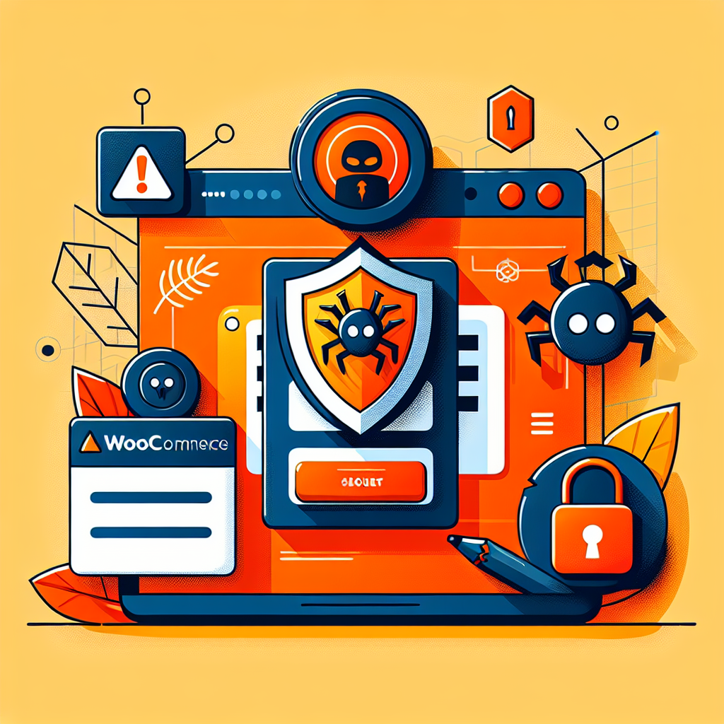 Illustration de la sécurité WordPress et WooCommerce contre les malwares, avec bouclier, cadenas, araignée et icônes d'alerte