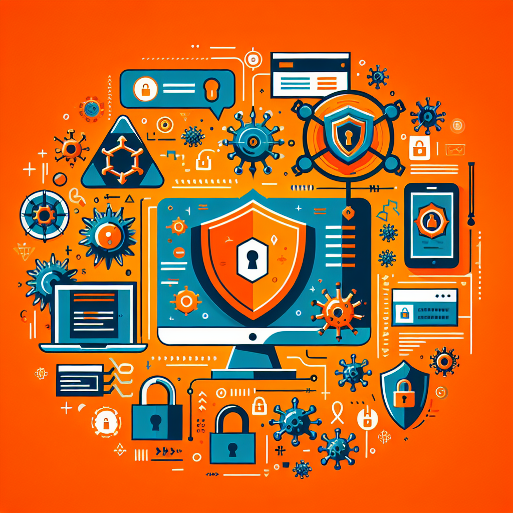 Illustration de cybersécurité avec boucliers, cadenas, ordinateurs et virus sur fond orange