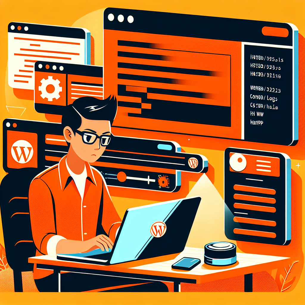 Développeur réparant un site WordPress avec des lignes de code et des fenêtres de navigateur affichant le logo WP