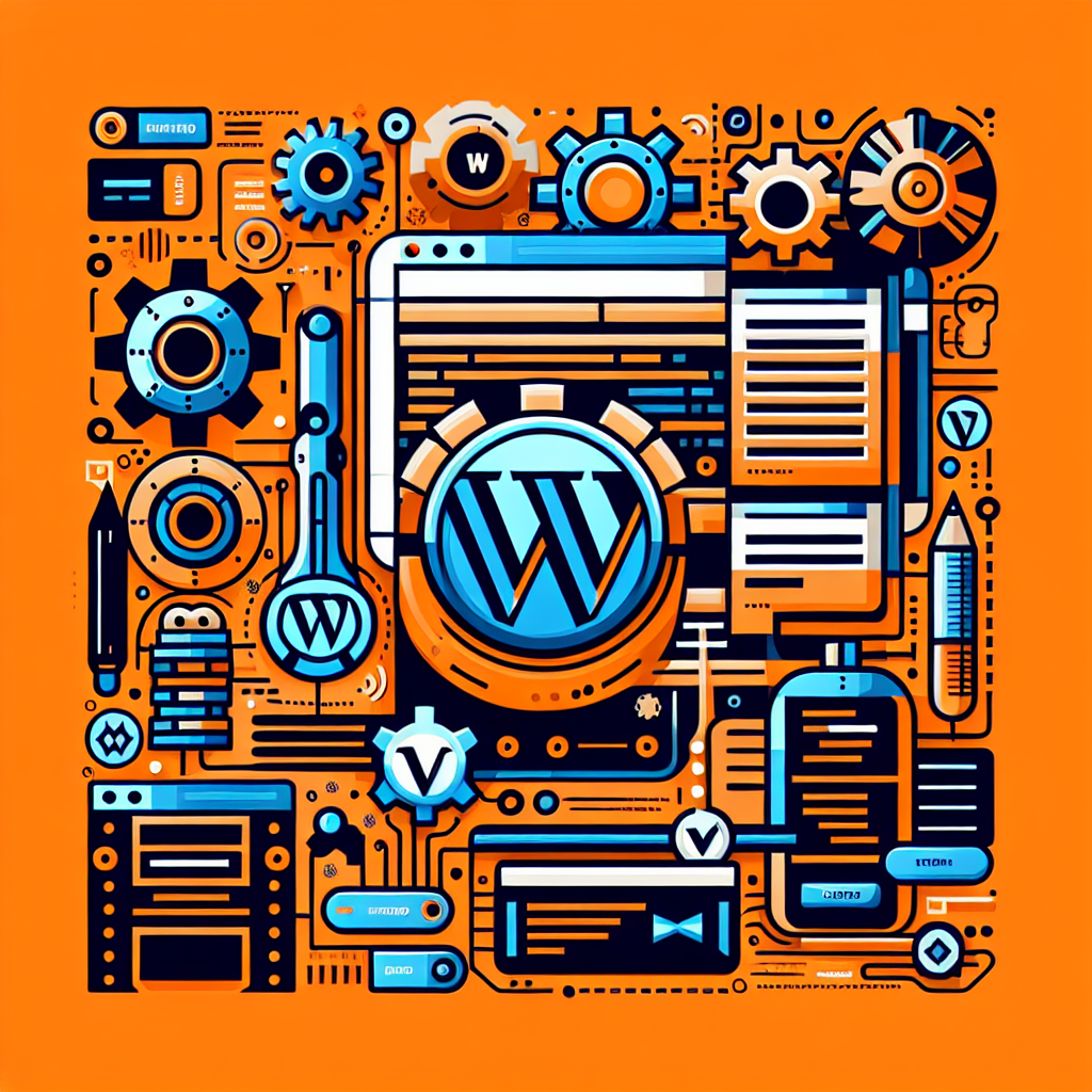 Illustration abstraite de l'écosystème WordPress avec des engrenages, des circuits et le logo WP central