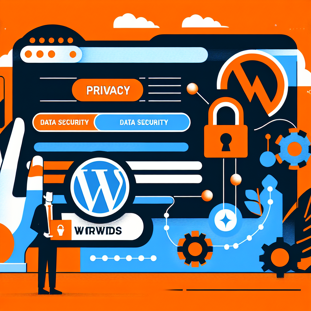 Illustration de la sécurité et de la confidentialité des données WordPress avec cadenas, engrenages et interface utilisateur