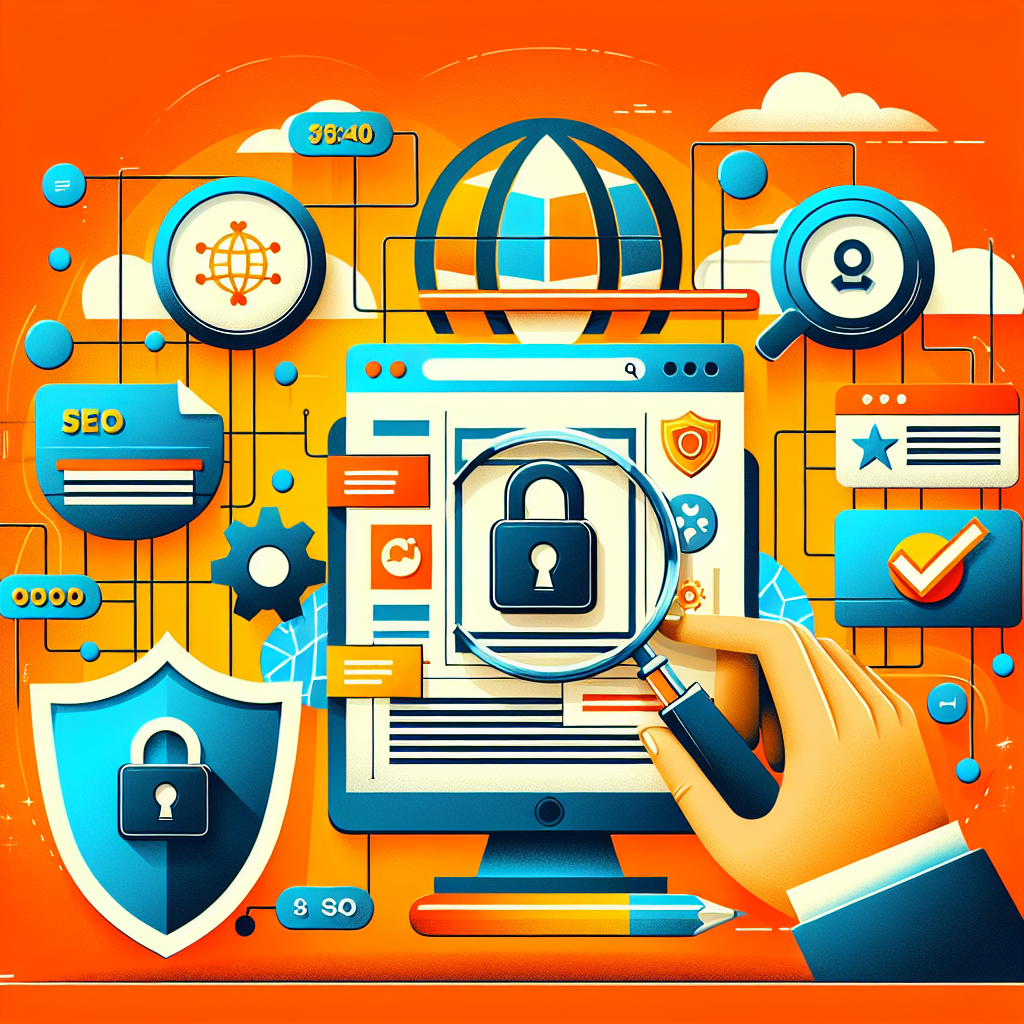 Sécurité WordPress : cadenas, loupe, écran d'ordinateur, bouclier, icônes SEO et réseau mondial