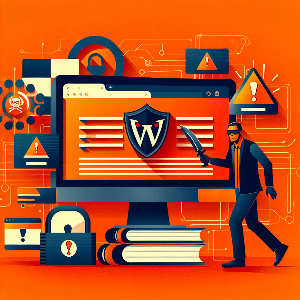 Un hacker avec un couteau devant un écran d'ordinateur affichant un bouclier WordPress, des cadenas et des alertes