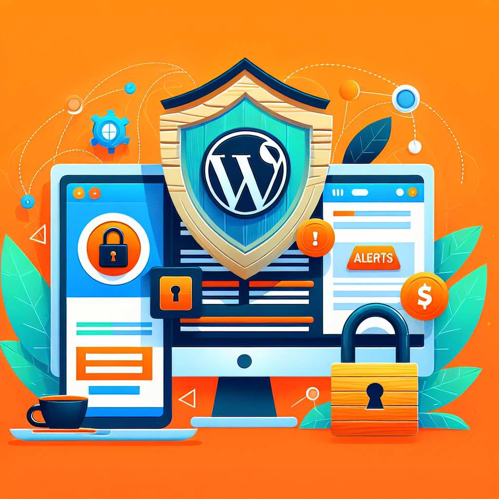 Écran d'ordinateur et smartphone avec cadenas, bouclier WordPress, alertes et icônes de sécurité sur fond orange