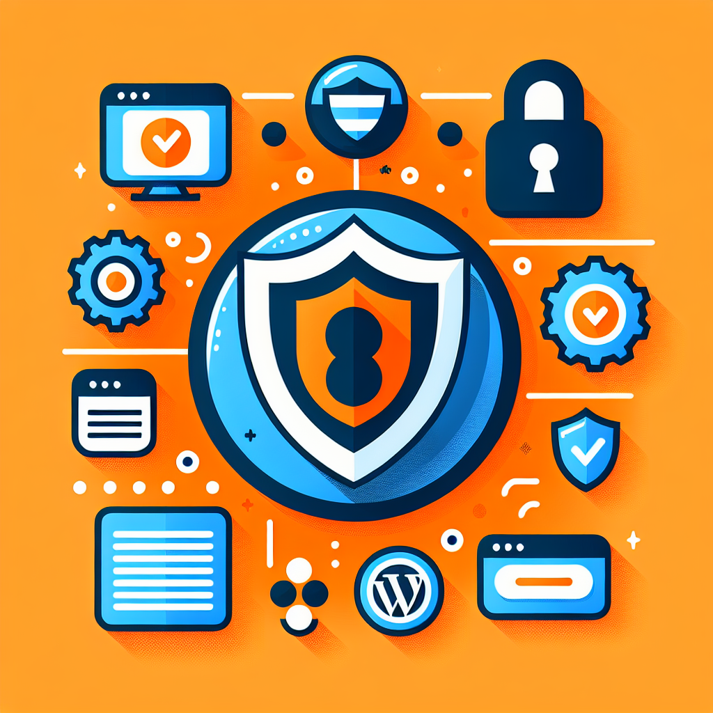 Icônes de sécurité WordPress : bouclier central, cadenas, engrenages, écrans avec coches, logo WordPress sur fond orange