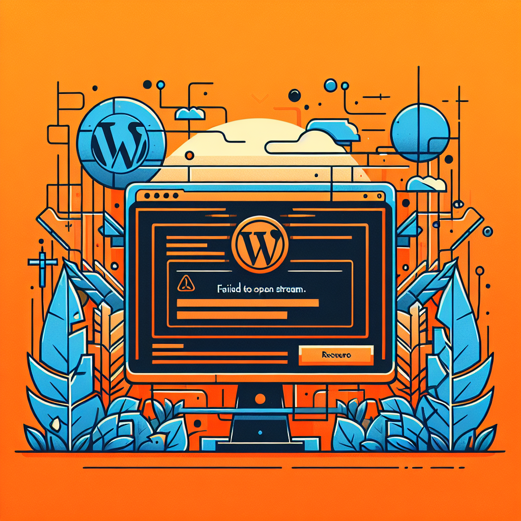 Capture d'écran : Erreur « Failed to open stream » sur un écran d'ordinateur avec logo WordPress et éléments techniques