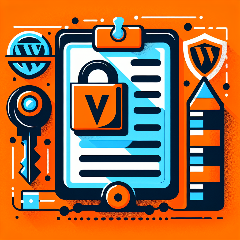 Illustration de sécurité WordPress avec cadenas, clé, bouclier, logo WordPress et document sur fond orange