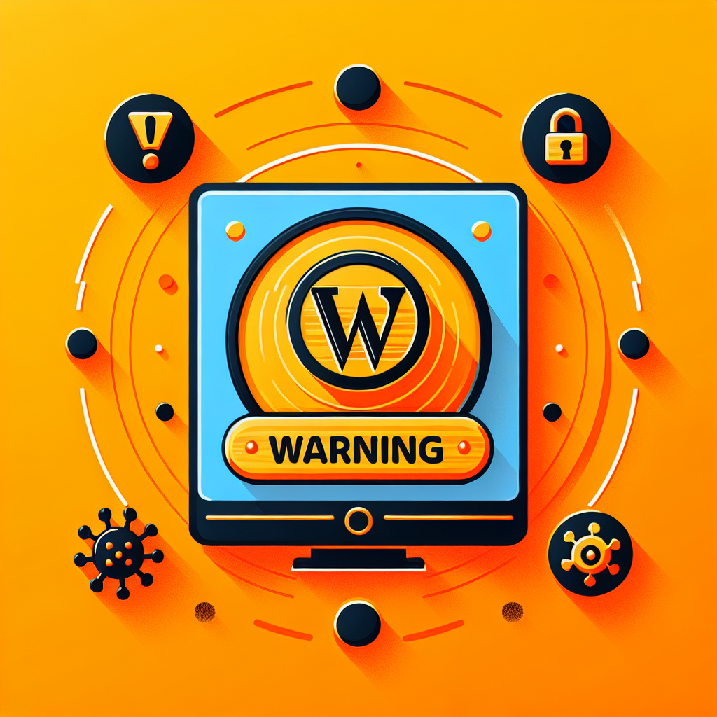 Écran d'ordinateur avec logo WordPress et bouton « WARNING », entouré d'icônes de sécurité et de virus