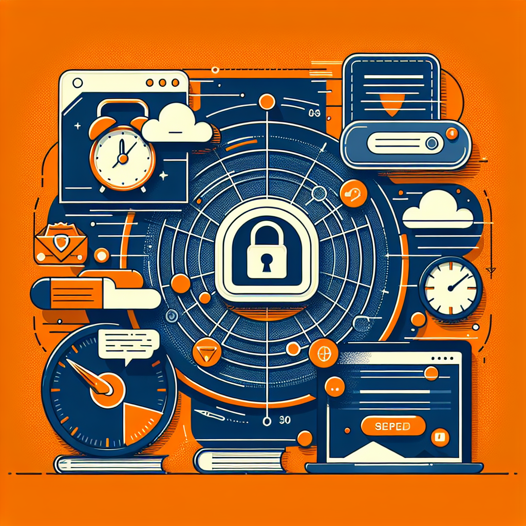 Illustration de sécurité numérique avec cadenas central, horloges, nuages, enveloppe et ordinateur portable sur fond orange