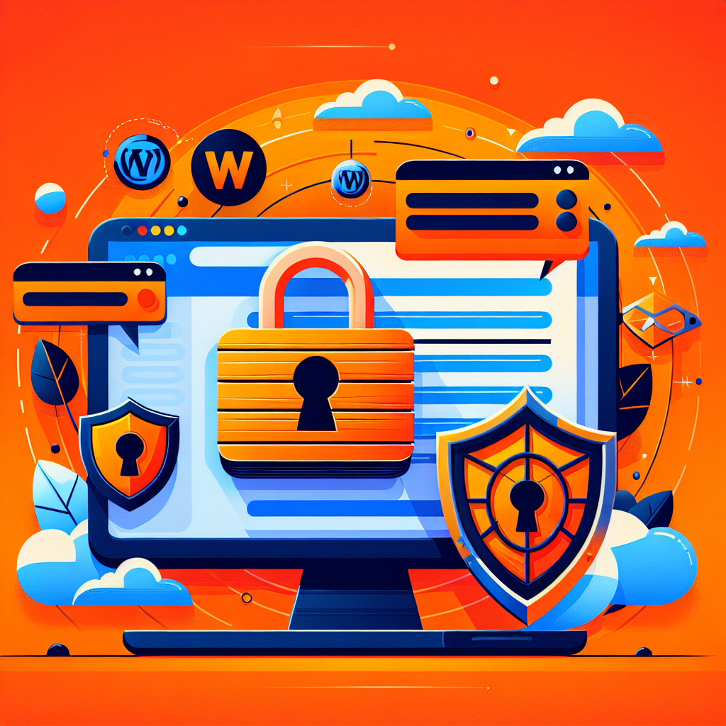 Illustration de sécurité WordPress : écran d'ordinateur avec cadenas, boucliers et logos WordPress, sur fond orange