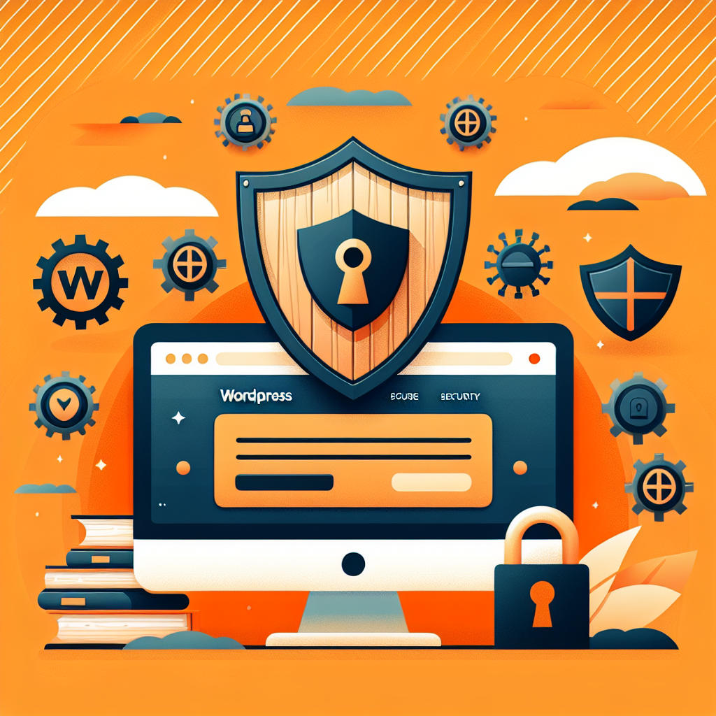 Un bouclier de sécurité protégeant un écran d'ordinateur affichant « WordPress », avec des engrenages et un cadenas