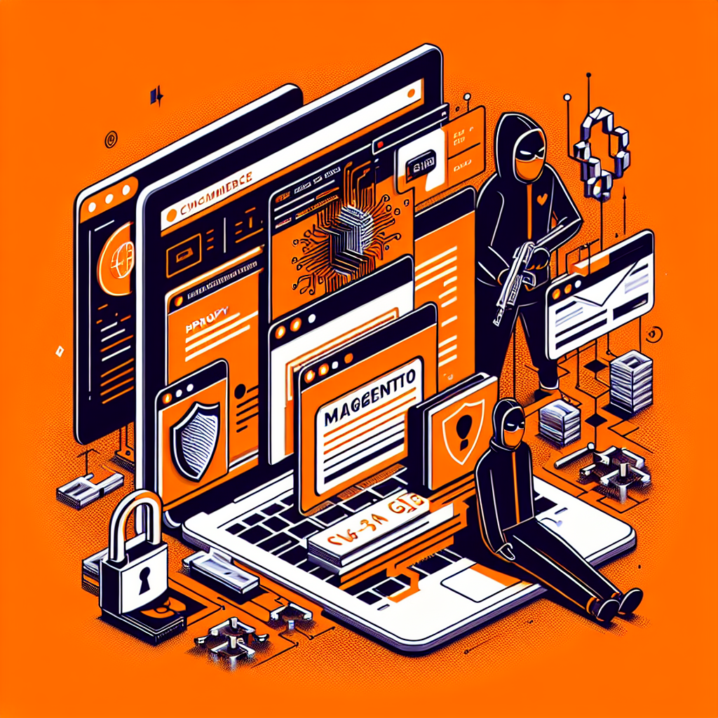 Illustration isométrique de pirates informatiques attaquant un site Magento affiché sur un ordinateur portable, avec cadenas