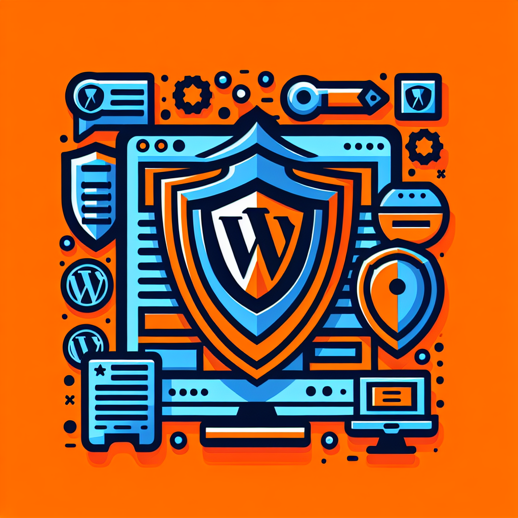 Bouclier WordPress protégeant un écran d'ordinateur, avec des icônes de sécurité et de réparation sur fond orange