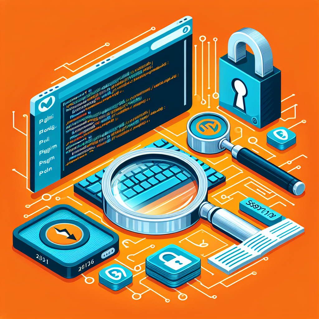 Écran de code, loupe sur clavier, cadenas, icônes de sécurité et circuits sur fond orange