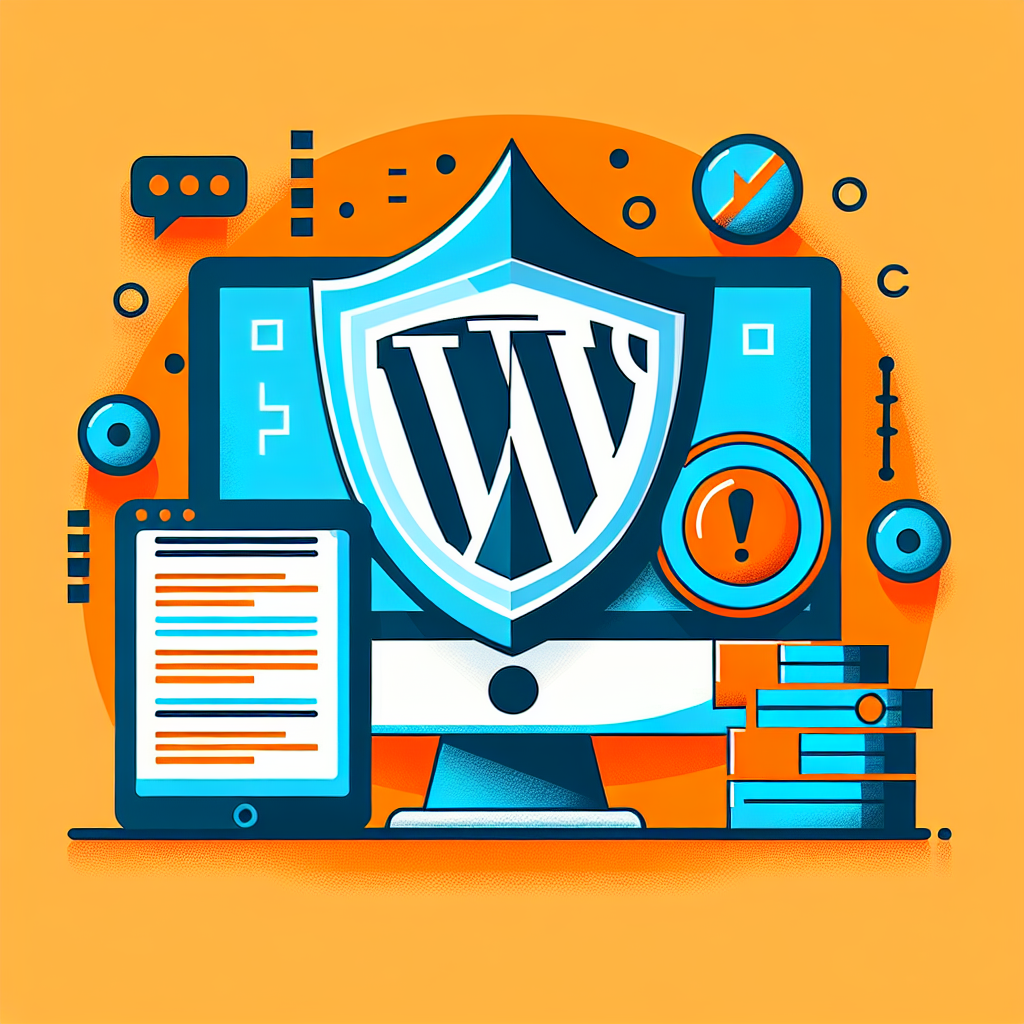Écran d'ordinateur avec bouclier WordPress, tablette, icônes de sécurité et d'alerte, sur fond orange