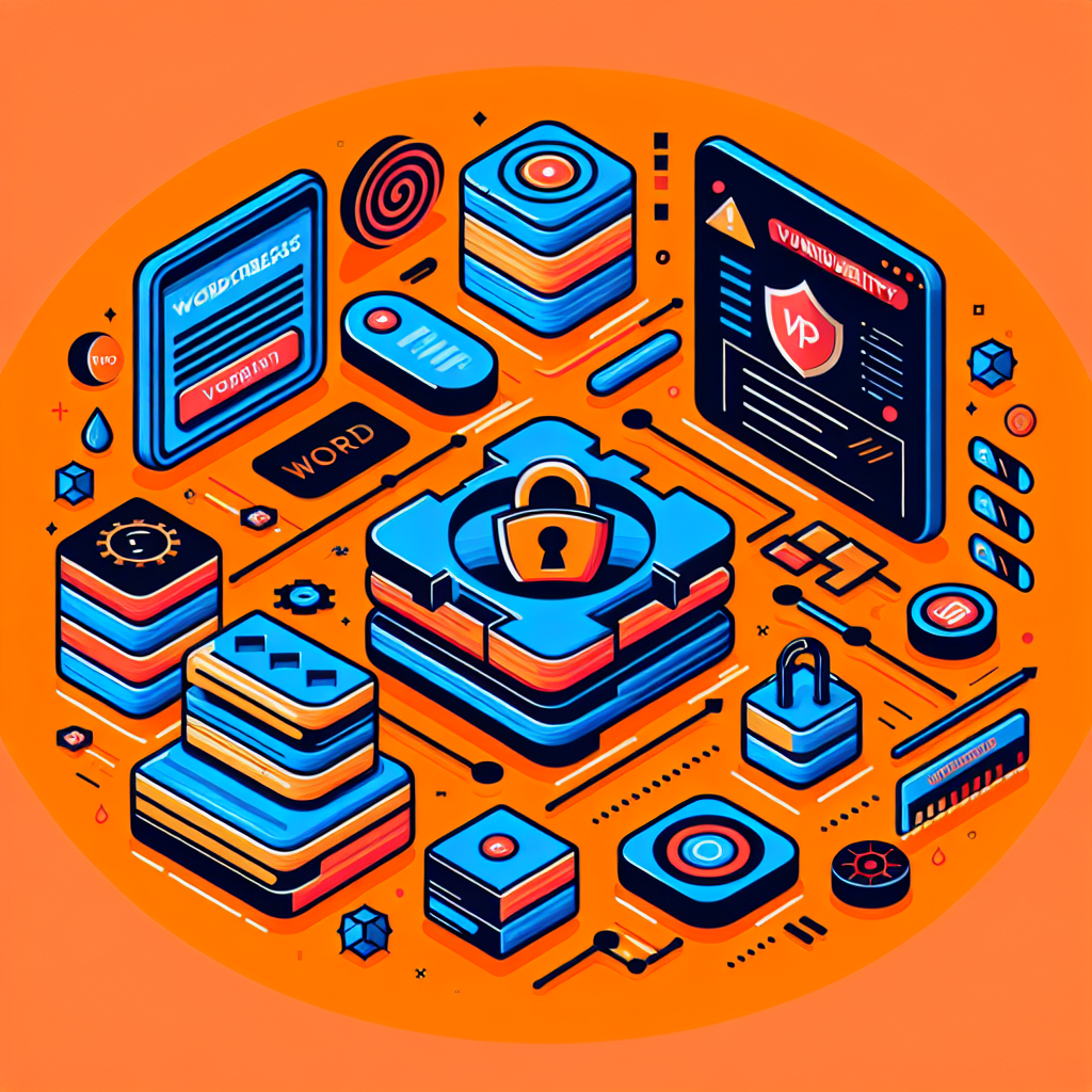 Illustration isométrique de la sécurité WordPress avec cadenas, bases de données, code et écran de vulnérabilité