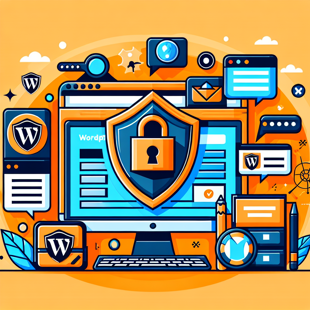 Écran d'ordinateur avec bouclier et cadenas, icônes WordPress, loupe, engrenage, bulles de dialogue, sécurité web