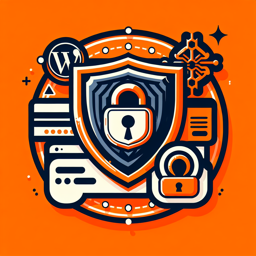 Illustration de sécurité WordPress : bouclier, cadenas, logo WordPress, code et éléments de site web sur fond orange