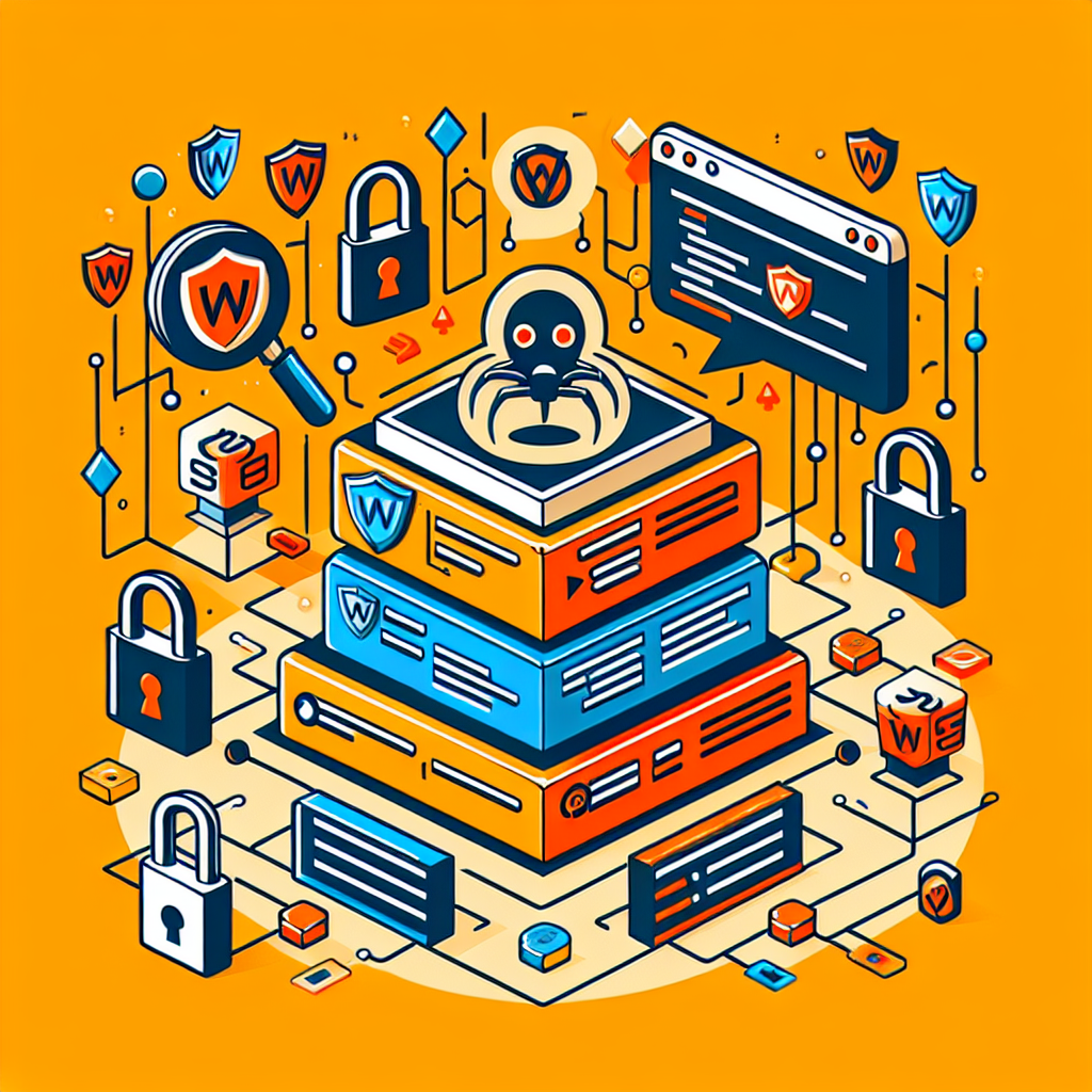Illustration isométrique de la sécurité WordPress avec un malware araignée, des cadenas, des boucliers et des serveurs