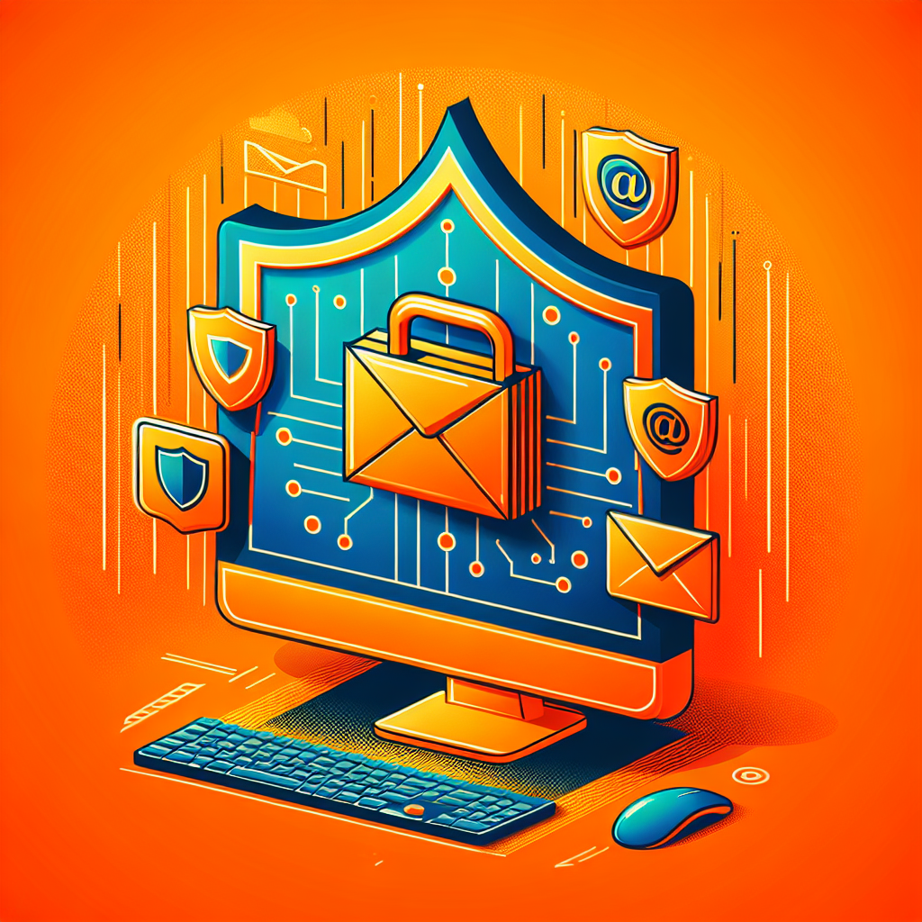 Écran d'ordinateur avec bouclier de sécurité, cadenas sur une enveloppe, symbolisant la protection des emails et des données