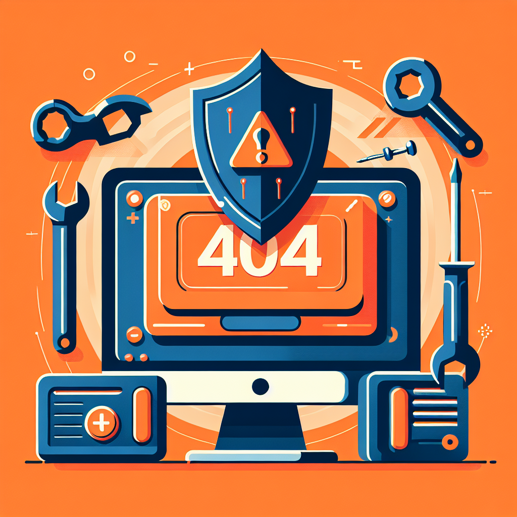 Écran d'ordinateur affichant « 404 », entouré d'outils de réparation et d'un bouclier de sécurité