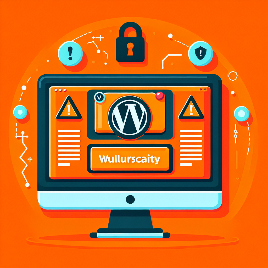 Écran d'ordinateur affichant une alerte de sécurité WordPress avec un cadenas et des icônes d'avertissement sur fond orange