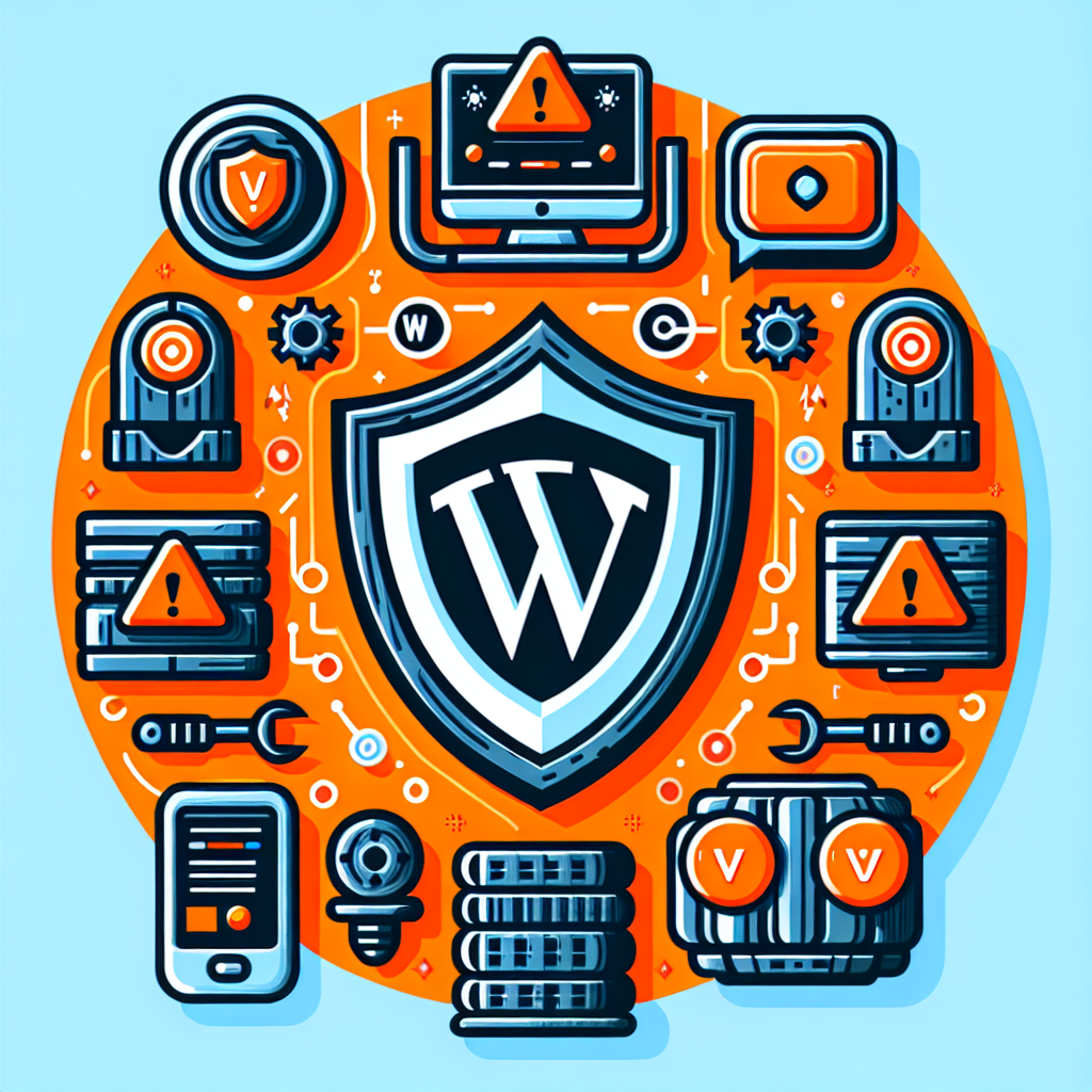 Bouclier WordPress central entouré d'icônes de sécurité, d'alertes et d'outils de réparation sur fond orange