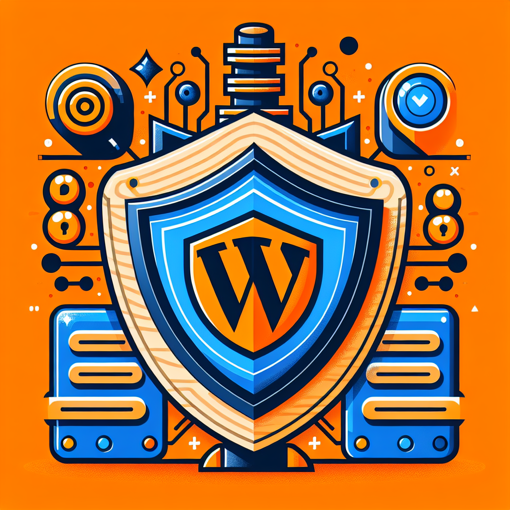 Bouclier WordPress bleu et orange, symbolisant la sécurité et la protection des sites web, avec des éléments technologiques