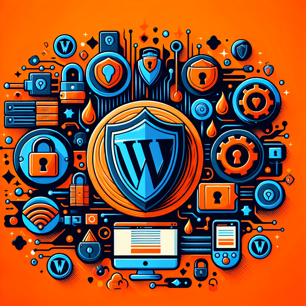 Bouclier WordPress central, cadenas, engrenages, écrans, icônes de sécurité sur fond orange, style circuit imprimé