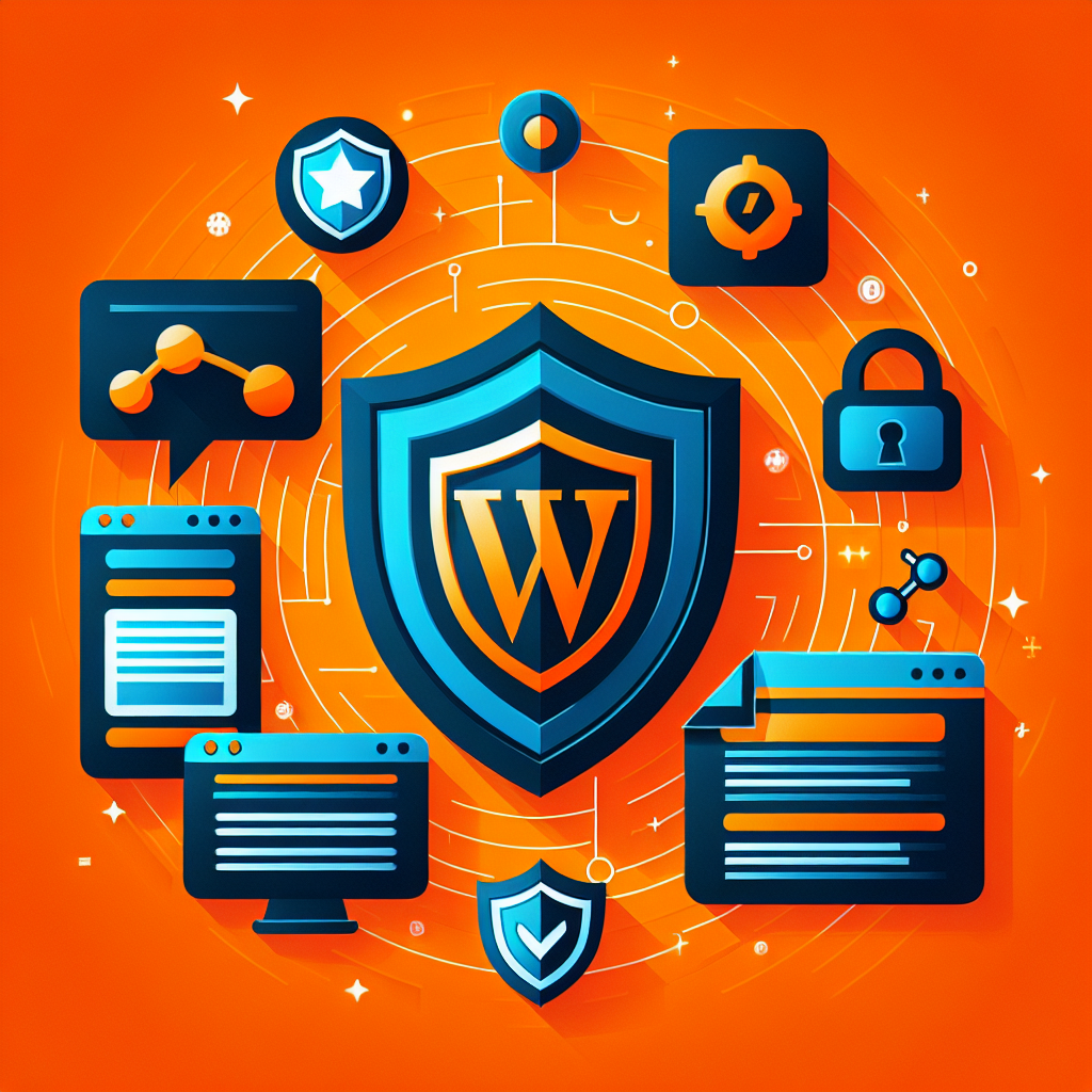 Bouclier WordPress central, icônes de sécurité, cadenas, graphiques et pages web sur fond orange vif
